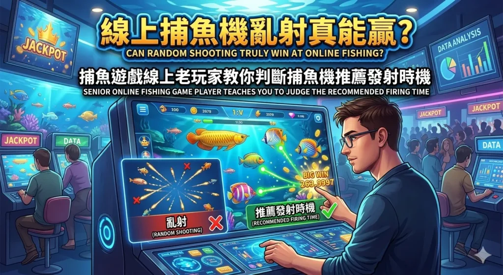 線上捕魚機發射時機示意圖，呈現魚群移動與精準射擊對比亂射效果