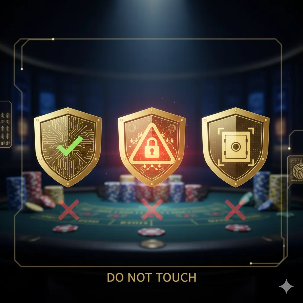 線上百家樂安全指標示意圖，展示資料加密、風險警示與金流防護三項檢查重點