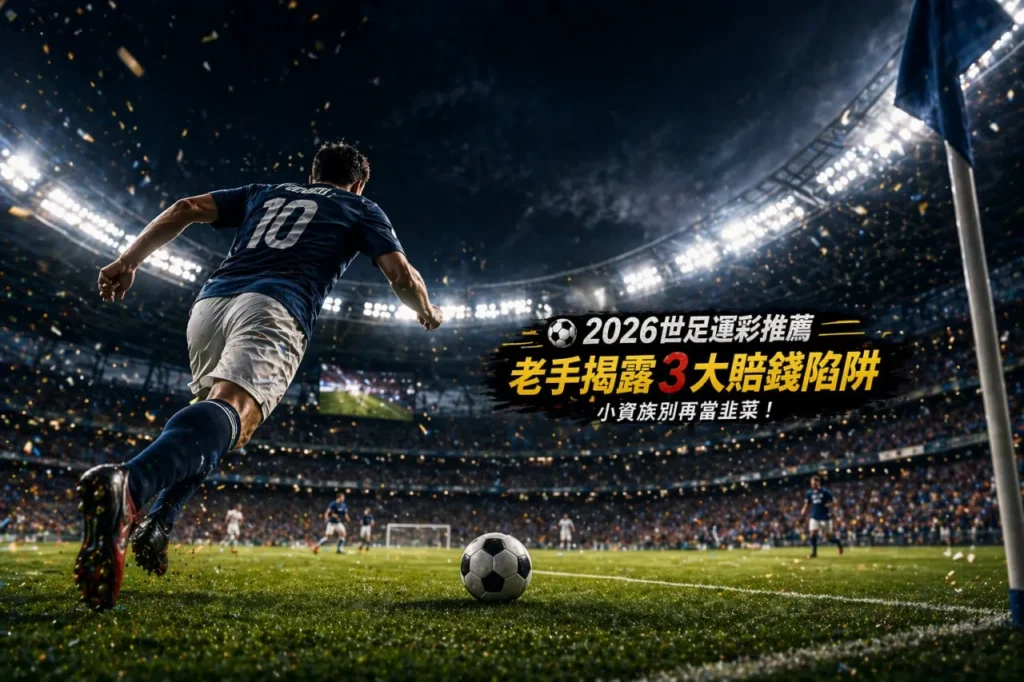 2026世足運彩推薦圖片，展示足球比賽場景與球員射門瞬間，強調賠錢陷阱與投注風險提醒