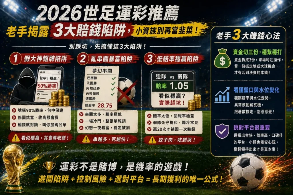 2026世足運彩推薦分析圖，整理三大賠錢陷阱與老手投注技巧，說明資金控管與盤口判讀重點