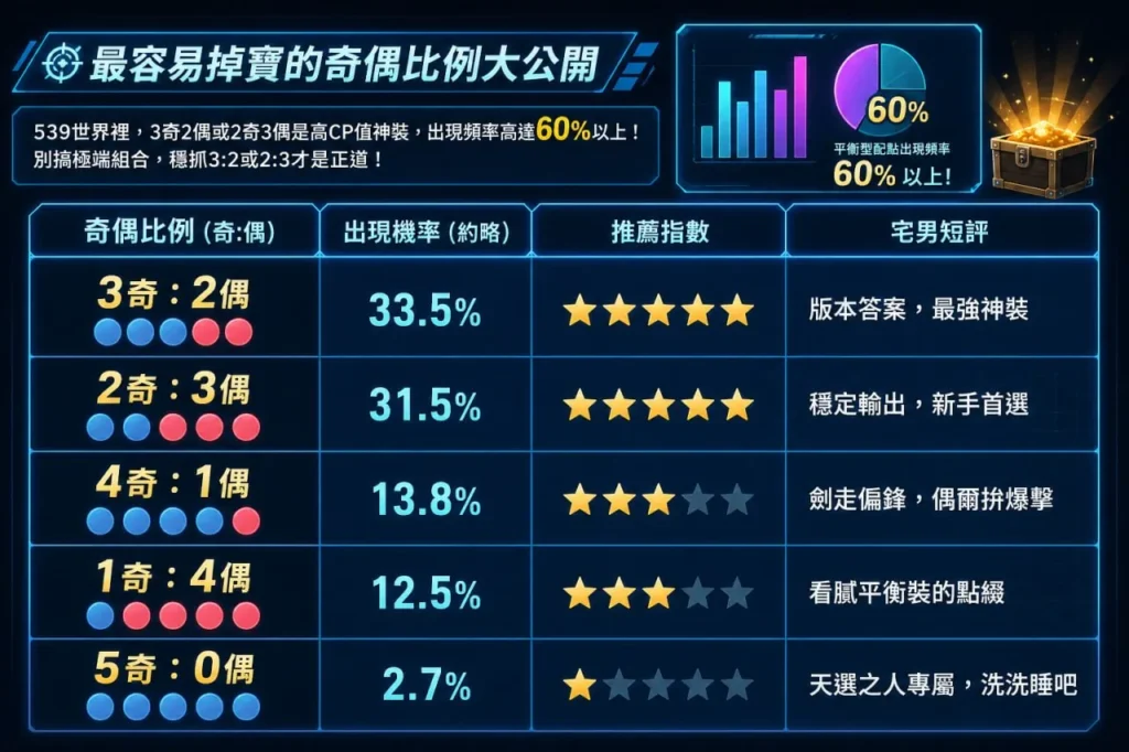 樂透奇偶比例分析表，整理奇偶組合出現機率與推薦指數比較
