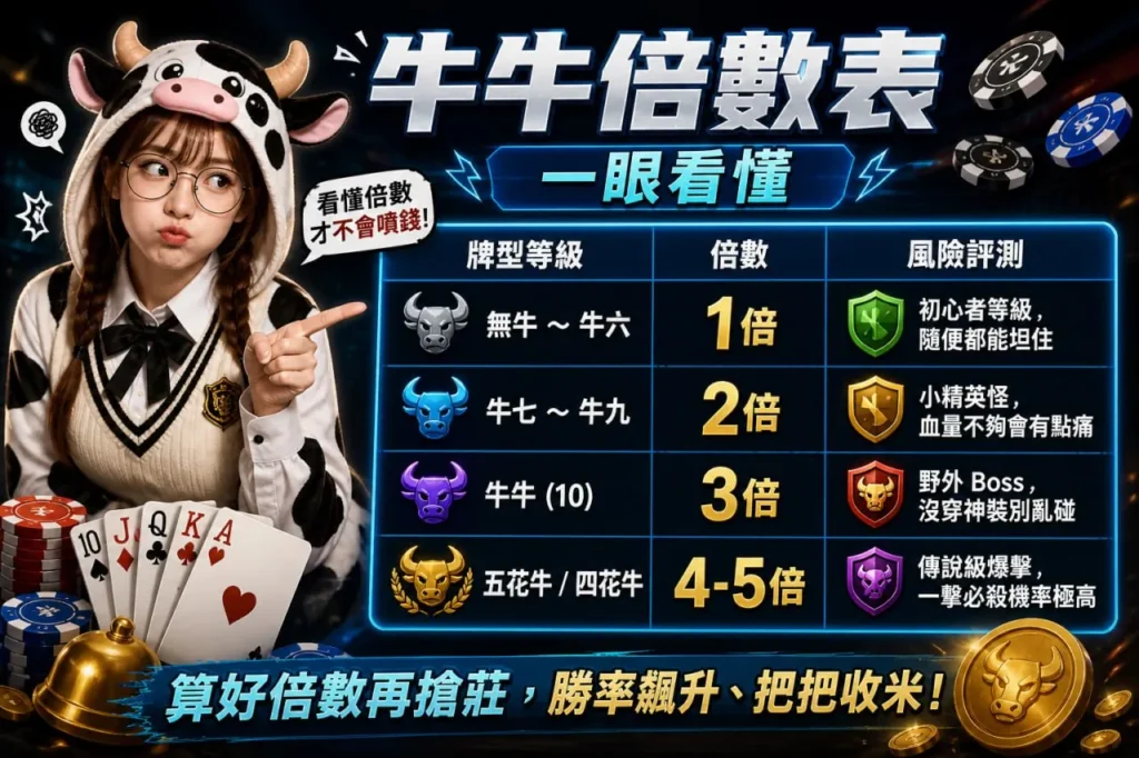搶莊牛牛倍數表教學圖，整理牛牛牌型倍率與風險評測資訊