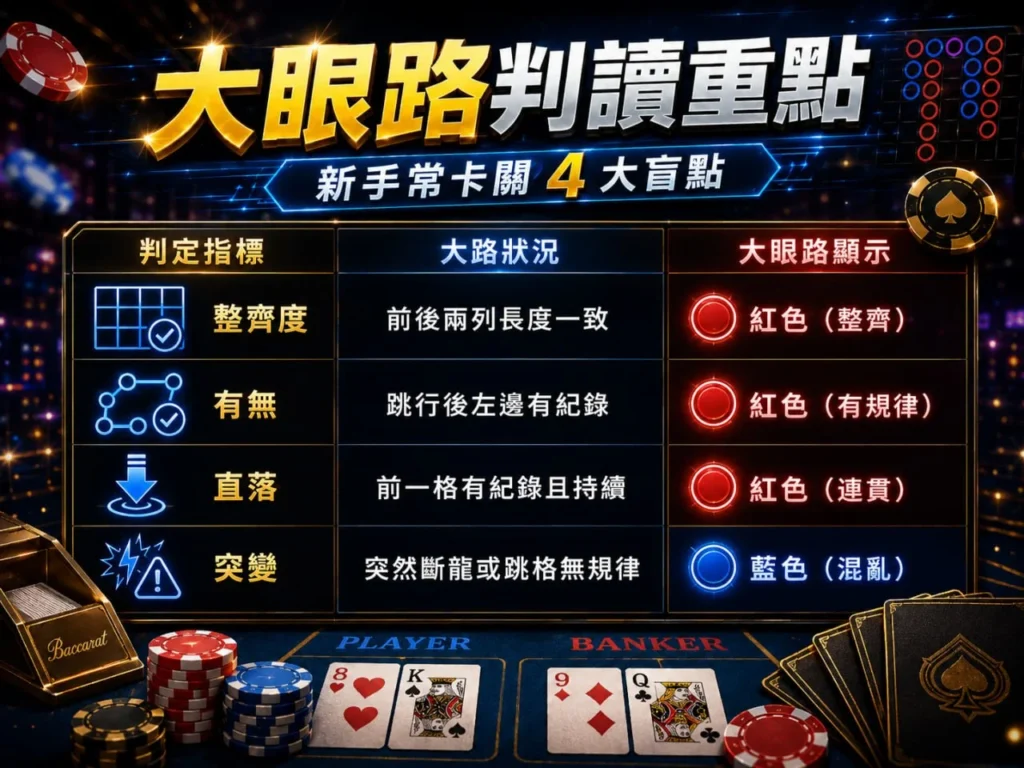 百家樂大眼路判讀教學圖，整理新手常見大眼路與看路法判斷重點