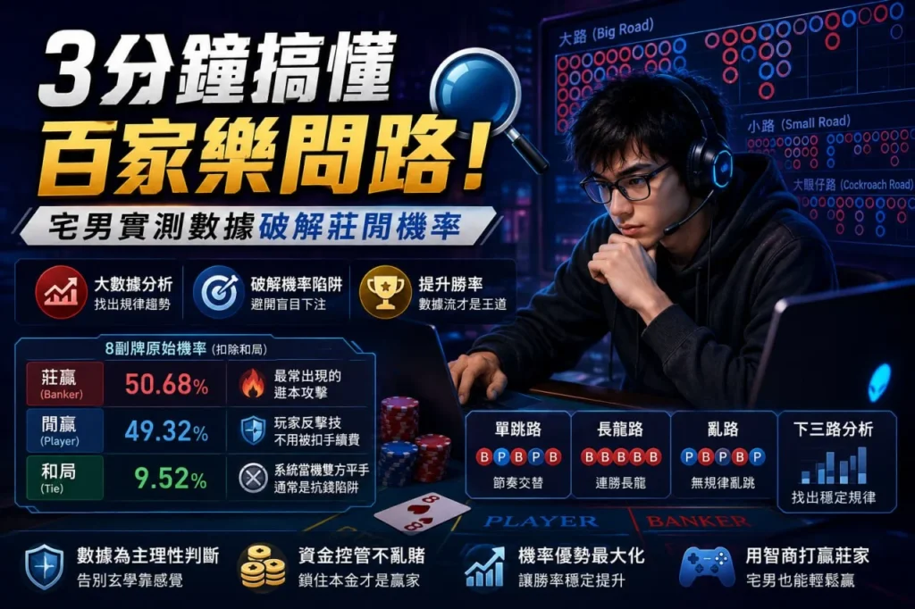 百家樂問路封面圖，展示莊閒機率分析與實測數據，強調玩家快速理解問路技巧與操作策略