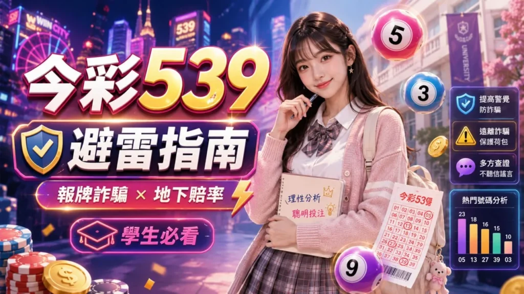 今彩539避雷指南宣傳圖，以學生族群為主題，結合539彩球、彩券、數據分析與防詐騙資訊，介紹今彩539常見陷阱與理性投注觀念。