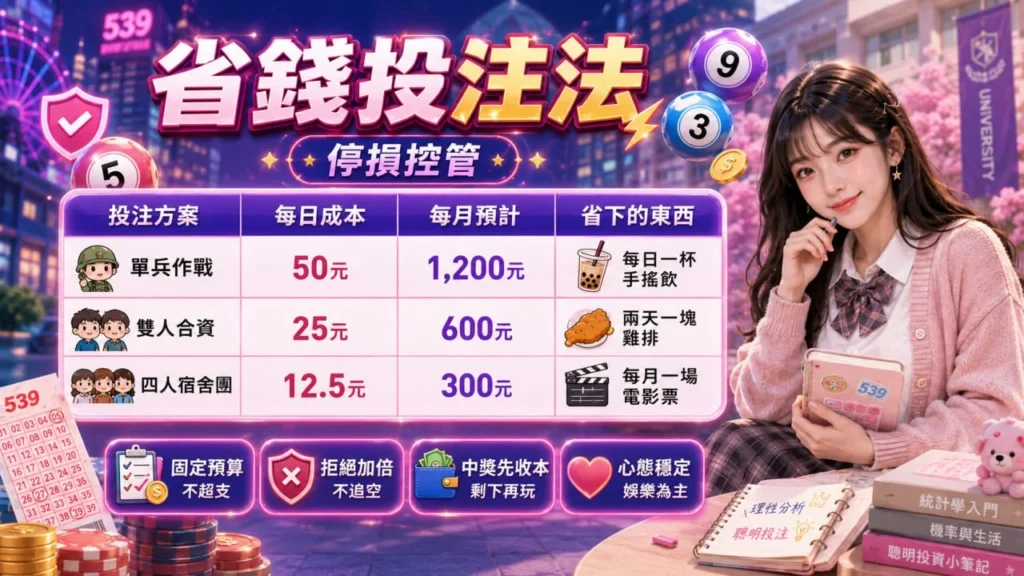 今彩539省錢投注法宣傳圖，以學生族群為主角，整理539分攤投注、預算控管與理性娛樂觀念，強調避免追輸與資金管理的重要性。
