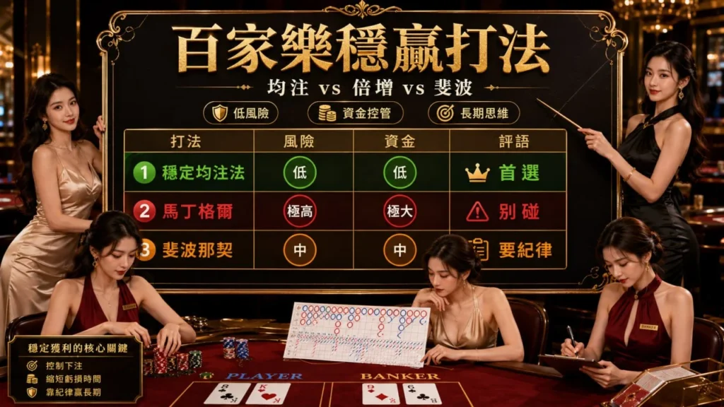 百家樂穩贏打法比較圖，分析均注法、馬丁格爾與斐波那契等常見百家樂下注策略，並說明風險與資金需求差異。