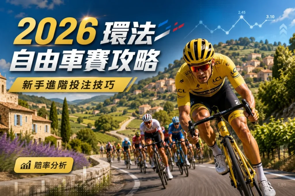 2026環法自由車賽宣傳圖，黃衫領先車手帶領集團騎行穿越法國鄉村山路，介紹環法賽事與觀賽重點。