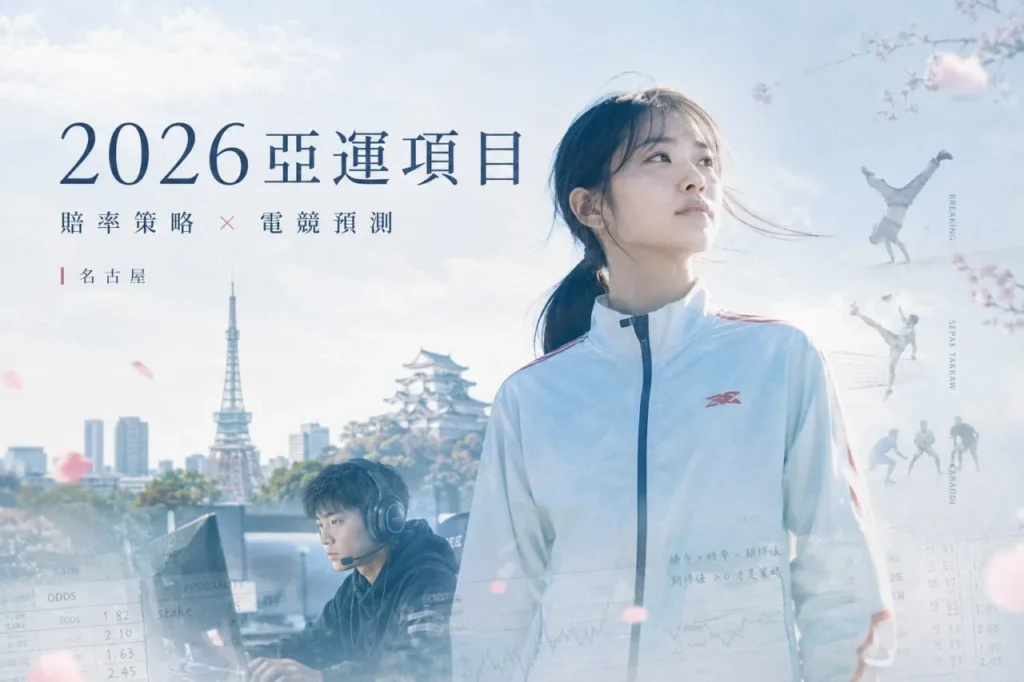 2026亞運項目主視覺圖，以名古屋城市地標、運動員與電競選手結合，呈現亞運賽事與電競項目焦點。
