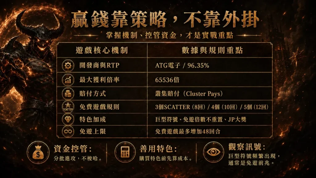 古神巴風特訊號攻略資訊圖，整理ATG古神巴風特核心機制、RTP數據、免費遊戲規則與資金控管觀念，搭配惡魔巴風特形象呈現高波動玩法特色。