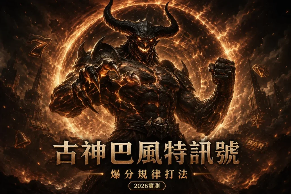 古神巴風特訊號主題形象圖，描繪巨大惡魔巴風特站立於烈焰與黑暗能量之中，搭配爆分規律打法與2026實測字樣，營造高波動老虎機挑戰氛圍。