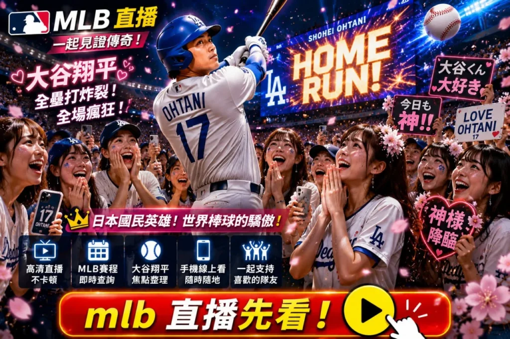 MLB直播主題宣傳圖，以美國職棒球星揮棒全壘打場景為核心，搭配滿場球迷歡呼畫面，整理MLB直播、MLB賽程查詢、手機線上看與焦點球星資訊。