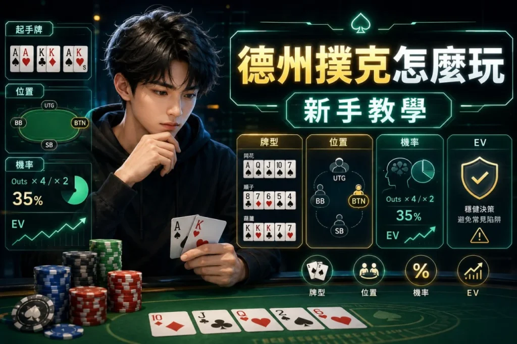 德州撲克新手教學資訊圖，介紹起手牌選擇、位置觀念、成牌機率與EV決策基礎。