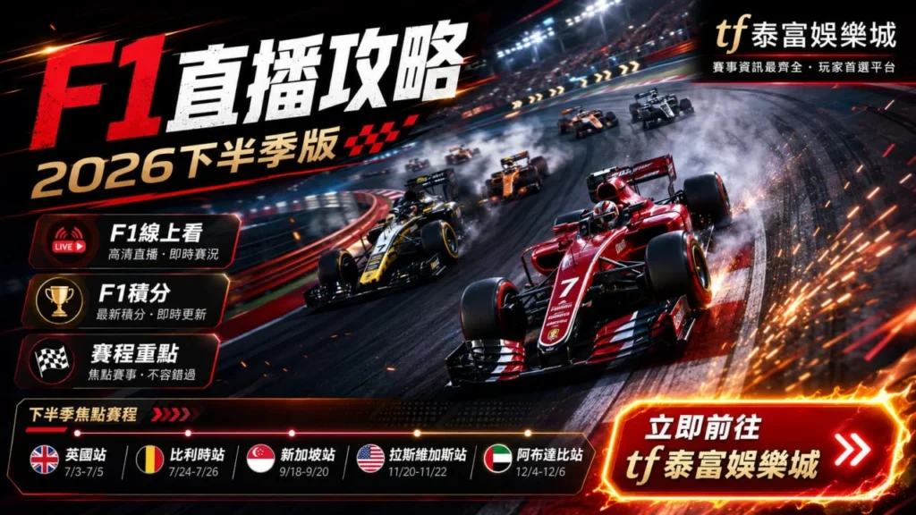 F1直播2026下半季主題圖，展示F1賽車高速競逐畫面與下半季重點賽程資訊。