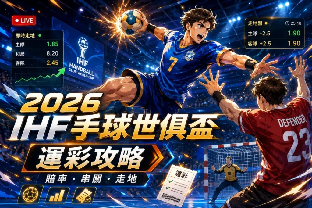 2026 IHF手球俱樂部世界賽運彩攻略封面，呈現手球球員突破射門、守門員防守，以及即時賠率與走地讓分盤畫面。