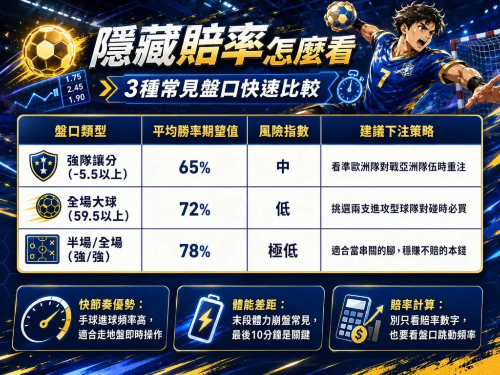 2026 IHF手球俱樂部世界賽隱藏賠率分析圖，整理強隊讓分、全場大小分及半場全場等3種常見盤口比較。