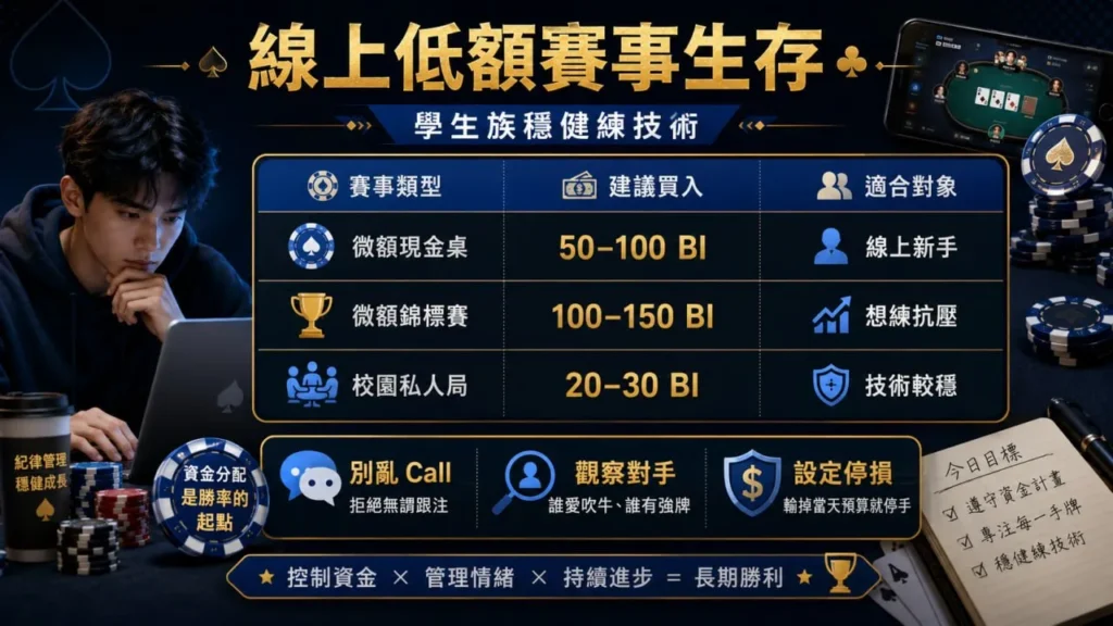 德州撲克籌碼管理與線上低額賽事買入策略圖