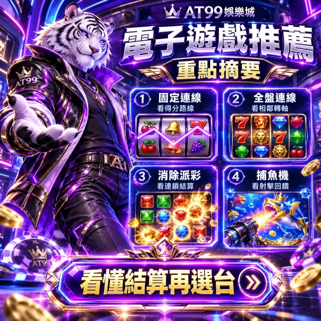 電子遊戲推薦玩法比較圖，介紹AT99娛樂城四大電子遊戲類型，包含固定連線老虎機、全盤連線老虎機、消除派彩機台與捕魚機，解析不同遊戲的得分規則及獎勵結算方式。