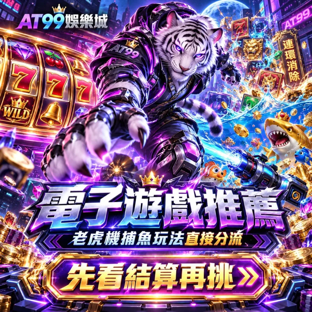 電子遊戲推薦攻略封面圖，展示AT99娛樂城老虎機與捕魚機兩大熱門玩法，包含老虎機777符號、WILD特殊符號、連環消除機制及捕魚機砲台射擊畫面，幫助玩家比較不同電子遊戲的特色。